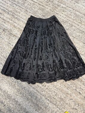 Black burnout velvet Lace Overlay Midi Skirt elastic waist Goth dark romance L